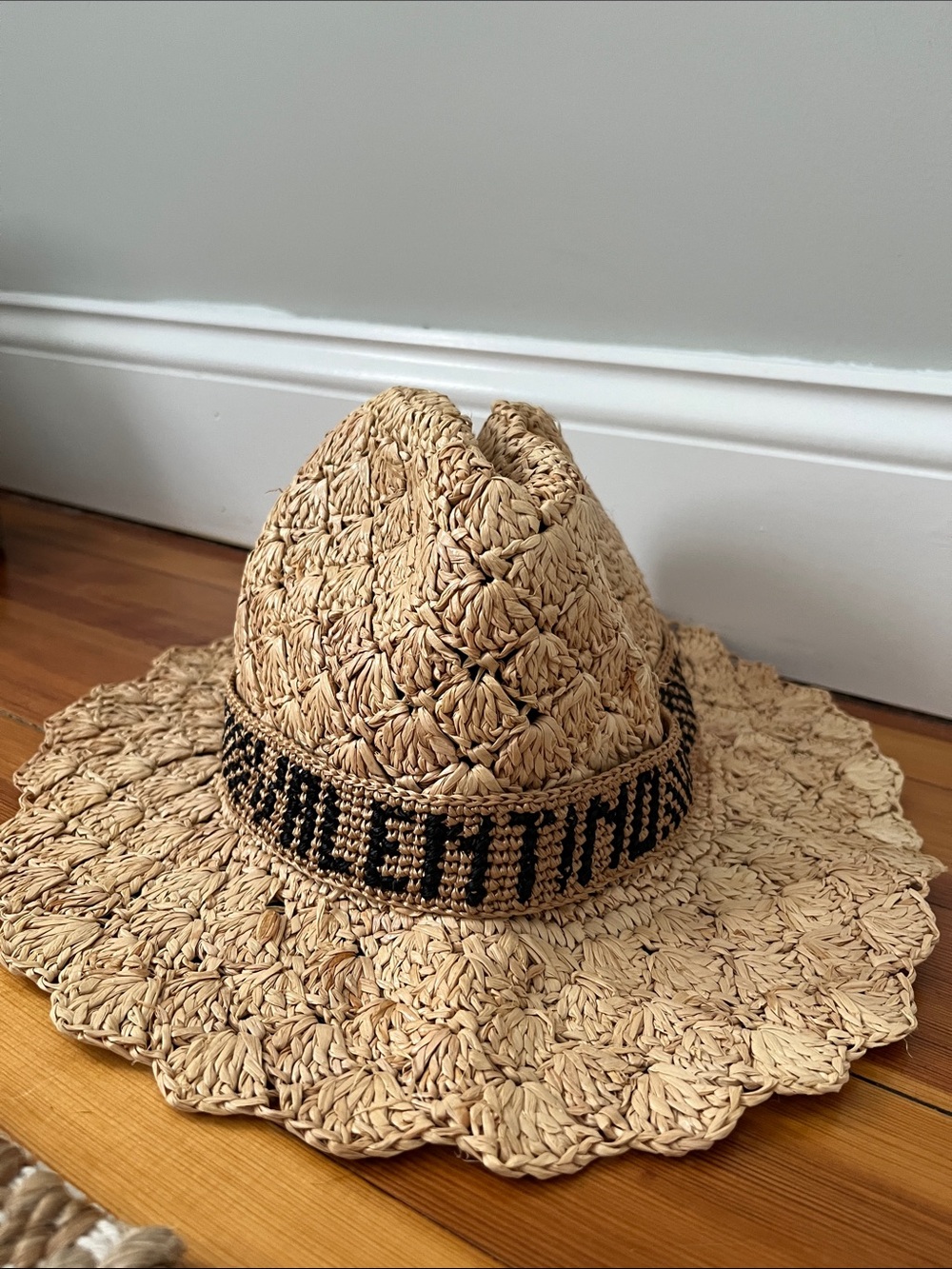 Valentino Straw Sun Hat with Black Stiched Band - Natural